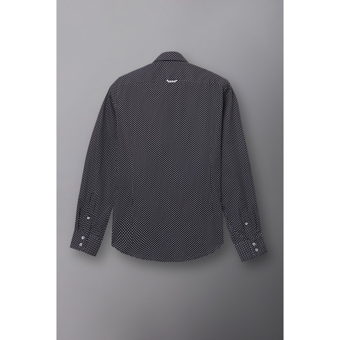 Camicia Uomo 2 Bottoni Button Down Slim Popeline Stampato Nero/Bianco