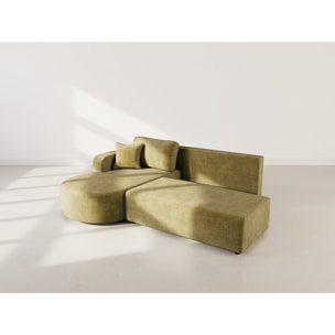 Miro - Canapé d'angle gauche 4 places convertible avec coffre en velours texturé - Vert Olive