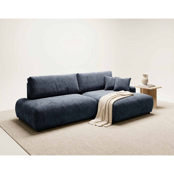 Pivoine - Canapé d'angle ouvert droit 4 places convertible avec coffre en tissu texturé - Bleu marine