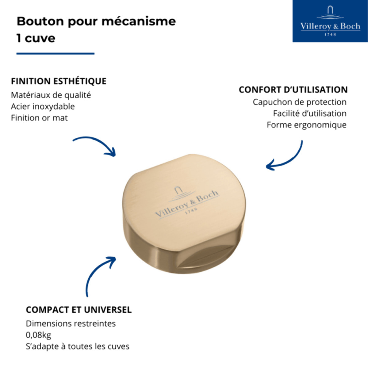 Bouton pour mécanisme 1 cuve, VILLEROY & BOCH en acier inoxydable finition or mat