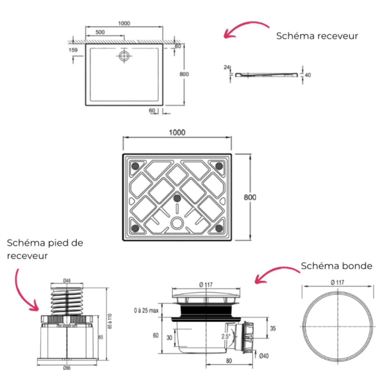 Receveur de douche 100 x 80 Gaspard rectangle céramique avec kit de réhausse et bonde