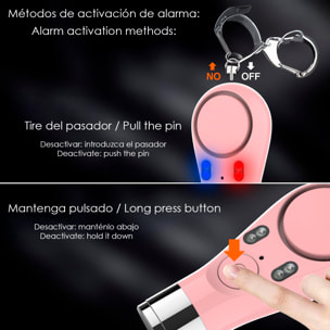 Allarme SOS personale con luce LED brillante, segnale rosso/blu e suono di 130±5 dB. Batteria ricaricabile.