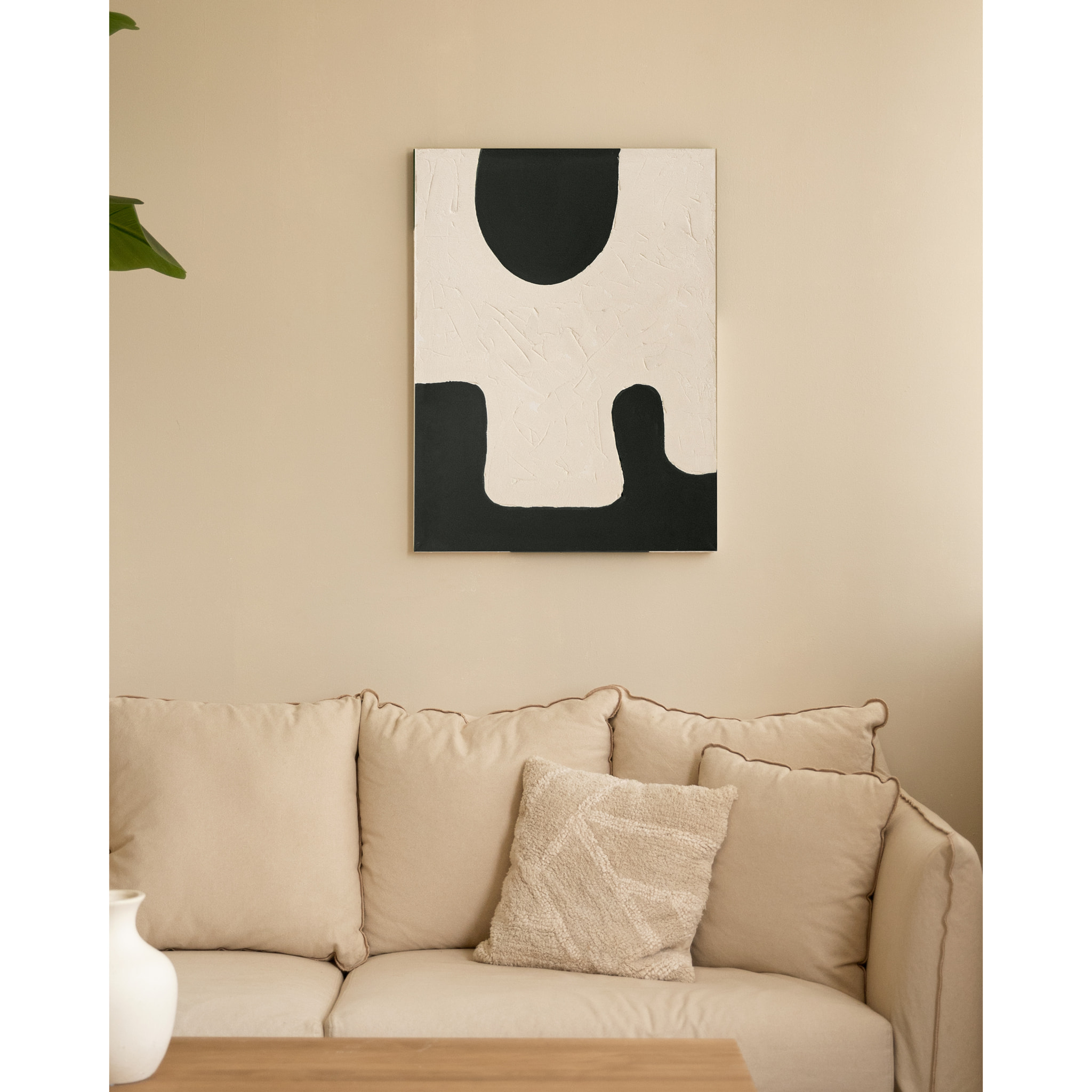 Tableau blanc et noir décoratif sur coton avec cadre en bois peint à la main à la peinture à l'huile en différentes tailles