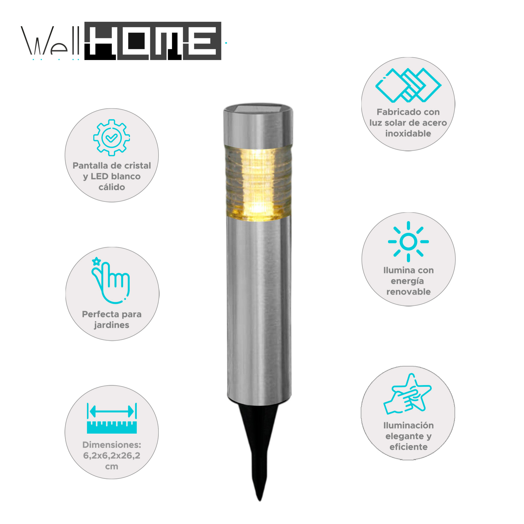 Well Home Luz solar de acero inoxidable con pantalla de cristal y LED blanco cálido Ø6x27cm
