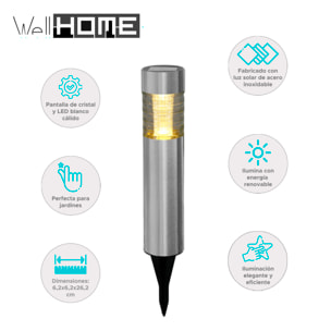 Well Home Luz solar de acero inoxidable con pantalla de cristal y LED blanco cálido Ø6x27cm