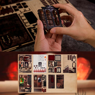 Familia oscura. Book Nook de madera con 155 piezas, diseño 3D realista con gran detalle, luces led y cubierta anti polvo.