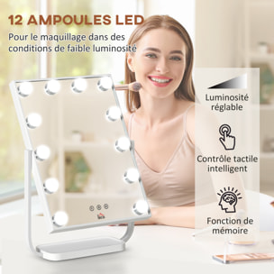 Miroir maquillage Hollywood lumineux LED tactile - 3 modes éclairage, inclinable, adaptateur - métal blanc verre