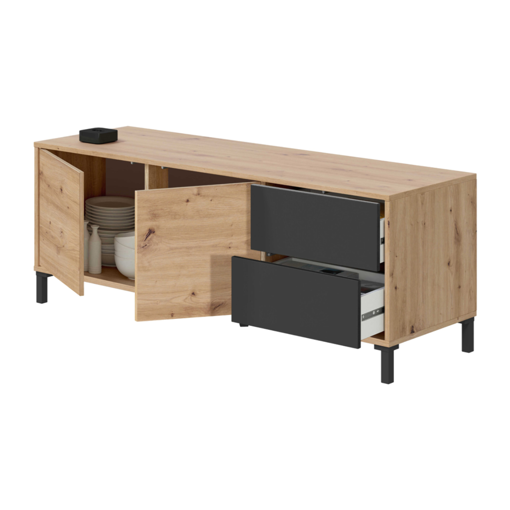 Mueble Tv 2 Puertas 2 Cajones 47x130x41 Cm Gris Antracita Y Roble Nodi
