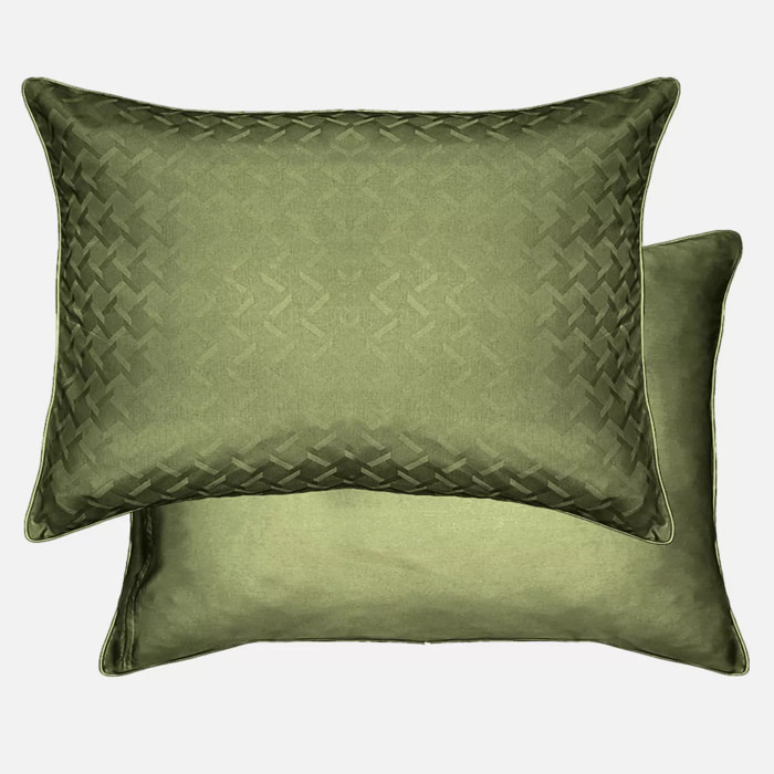 Lot de 2 taies satin de coton motif jacquard vert Adagio kaki