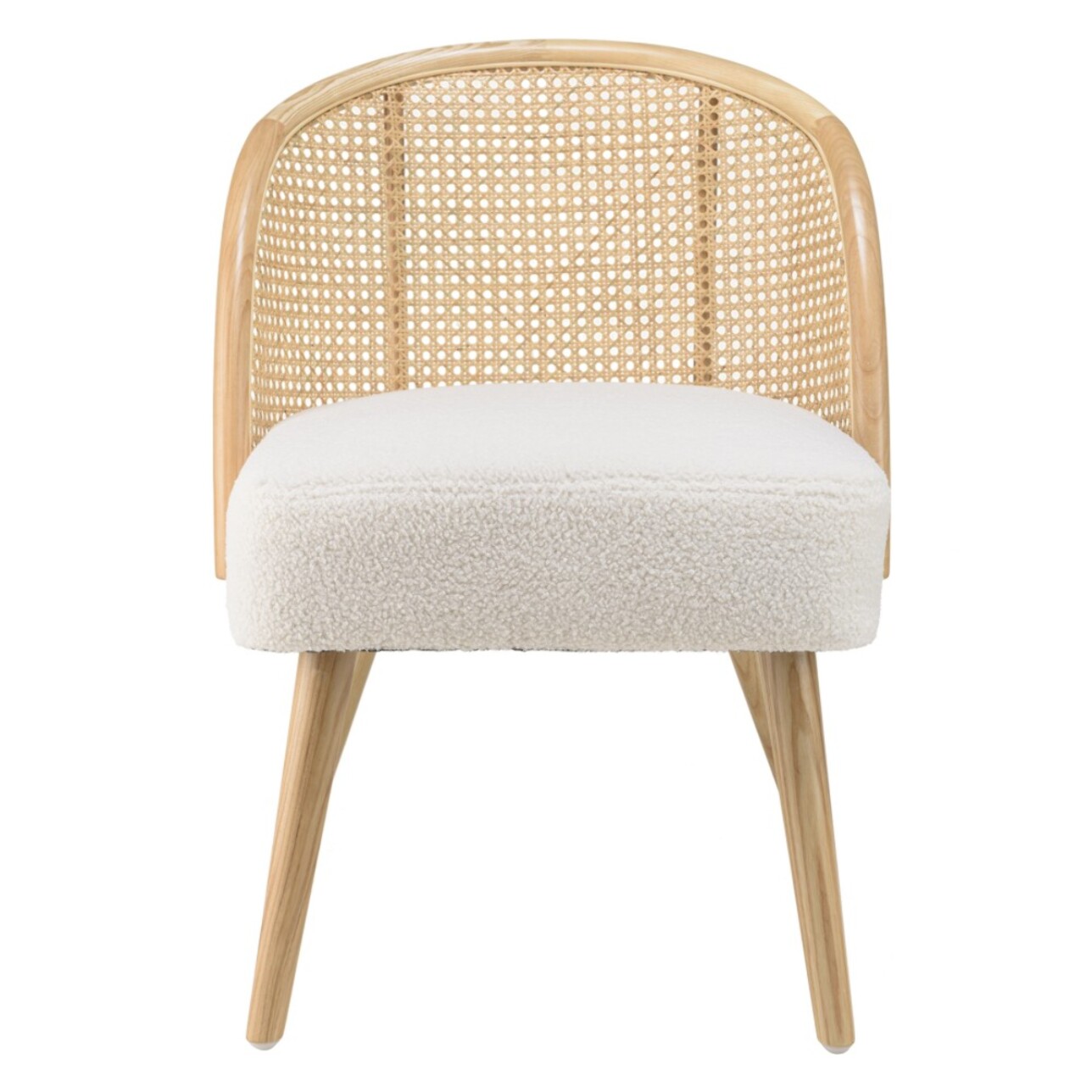 AGATHE- Chaise basse Hévéa assise tissu bouclette blanc dossier rotin