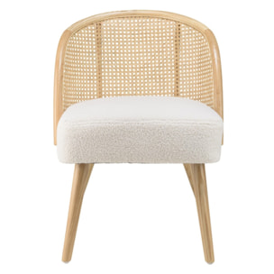 AGATHE- Chaise basse Hévéa assise tissu bouclette blanc dossier rotin