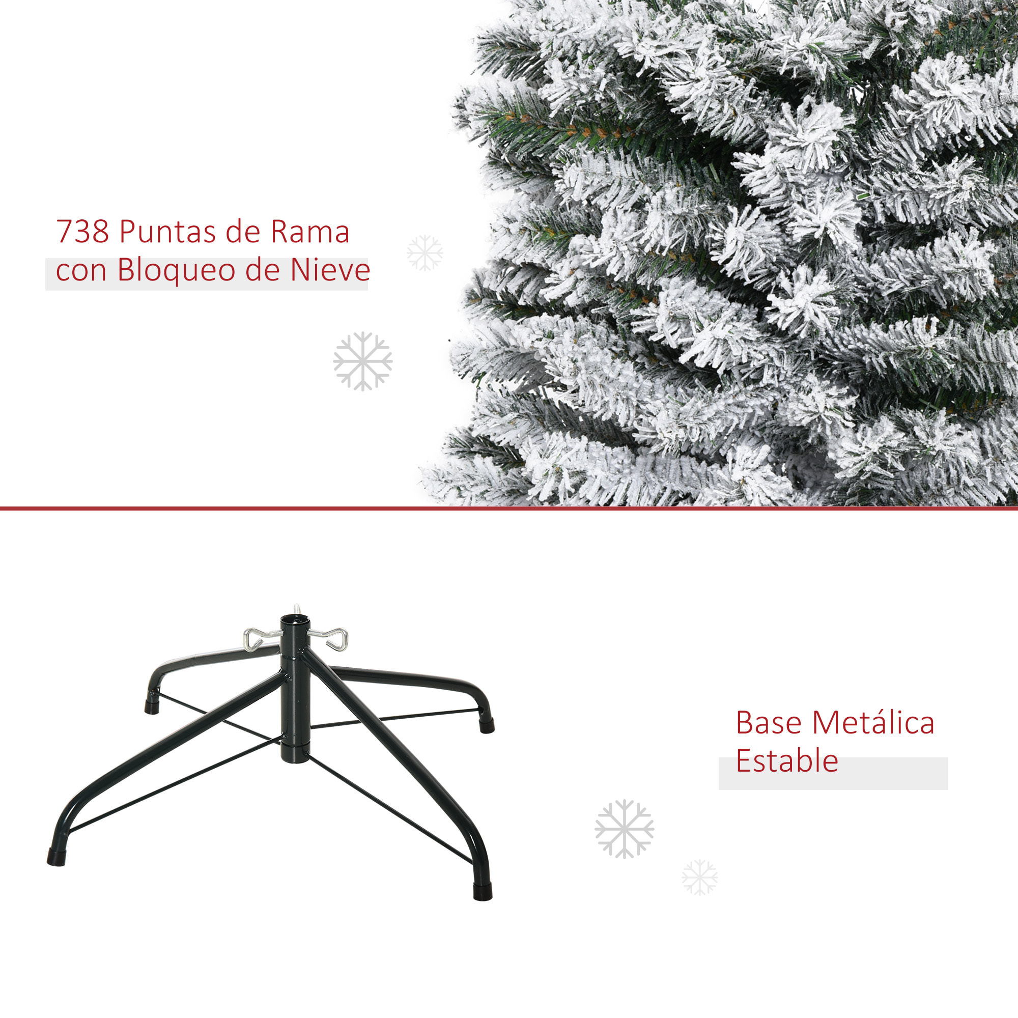 Árbol de Navidad 225 cm Árbol de Navidad Artificial Nevado con 738 Ramas y Soporte de Metal Árbol Navideño para Salón Verde y Blanco