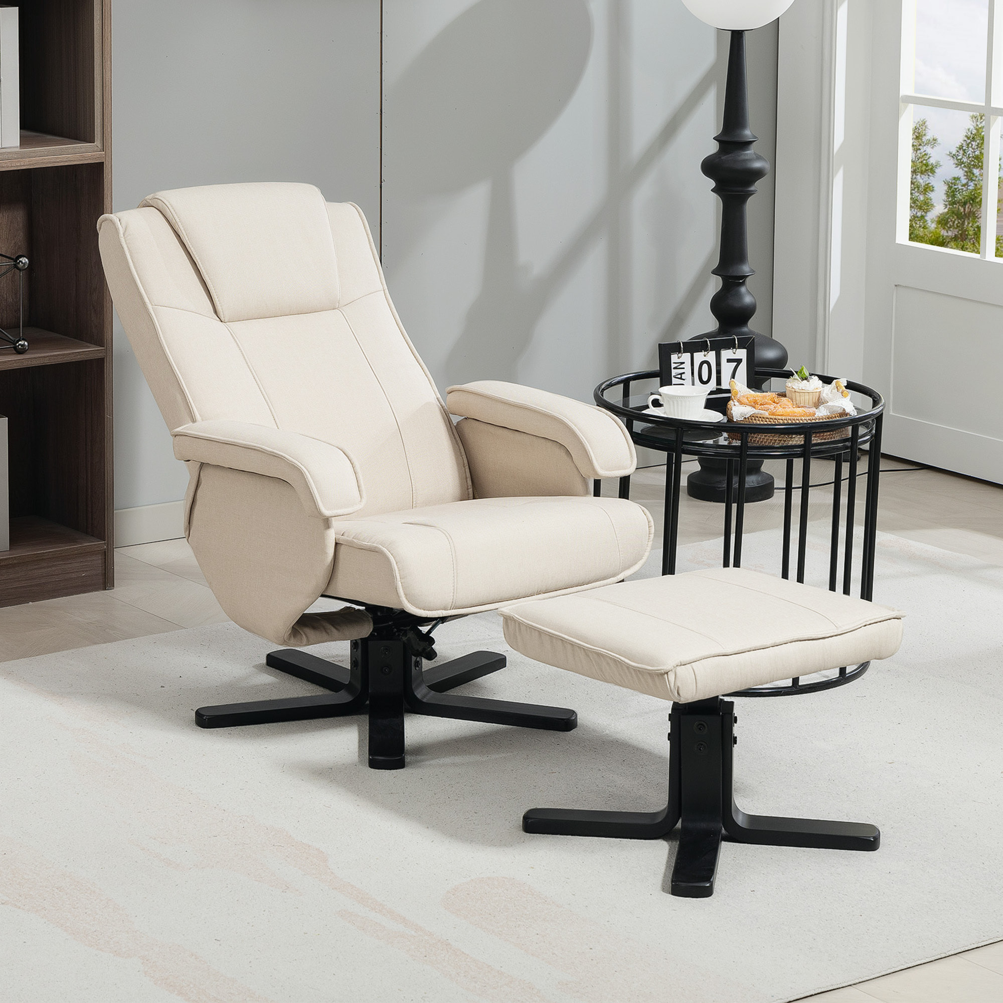 Sillón Relax Reclinable con Reposapiés Butaca de Salón Giratoria Tapizado en Lino con Base de Madera Función Basculante Butaca para Dormitorio Sala de Estar Beige