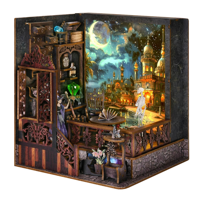 Esplorazione magica. Book Nook in legno, design 3D realistico, telaio luminoso con sfondo intercambiabile.