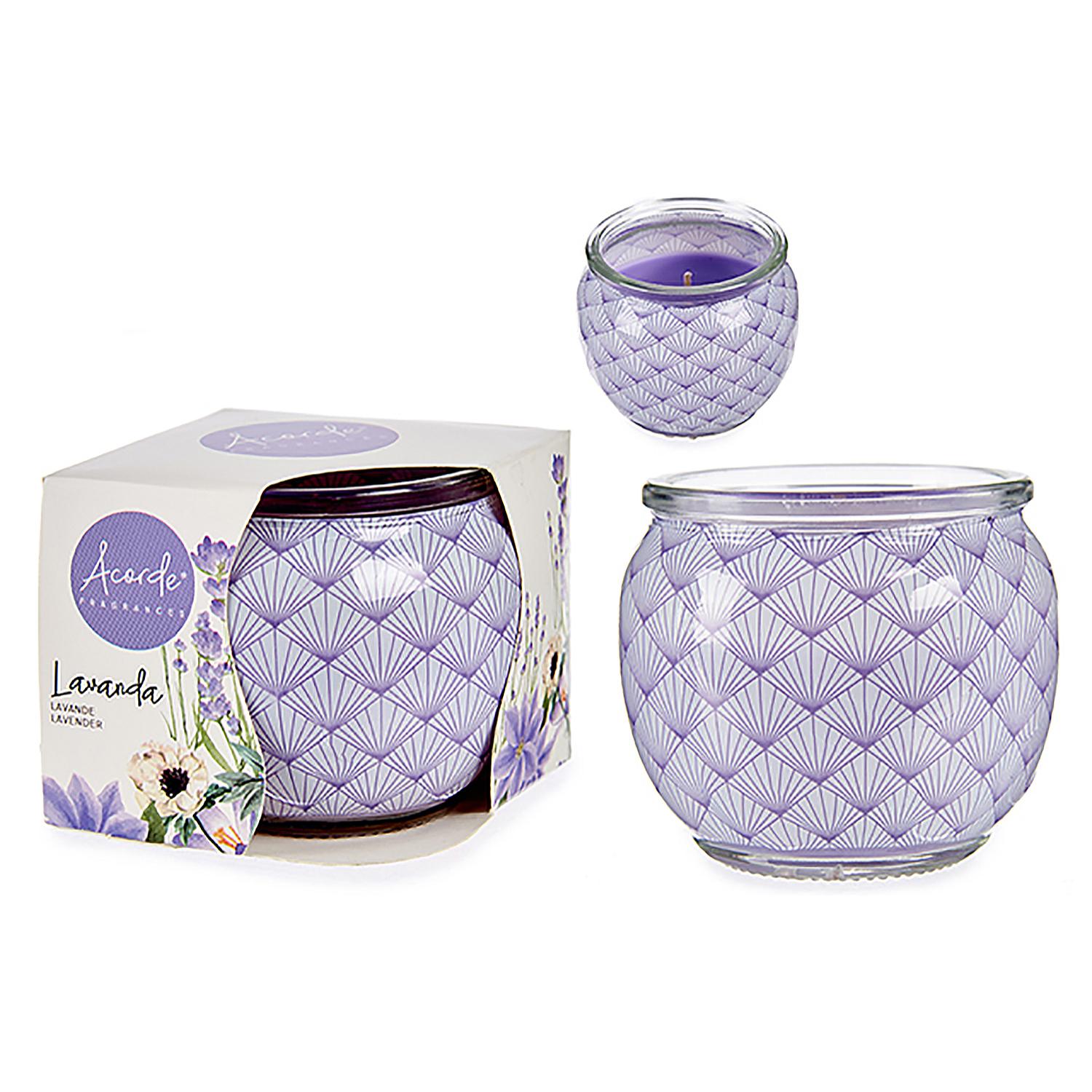 Vela perfumada en tarro de cristal olor a lavanda.