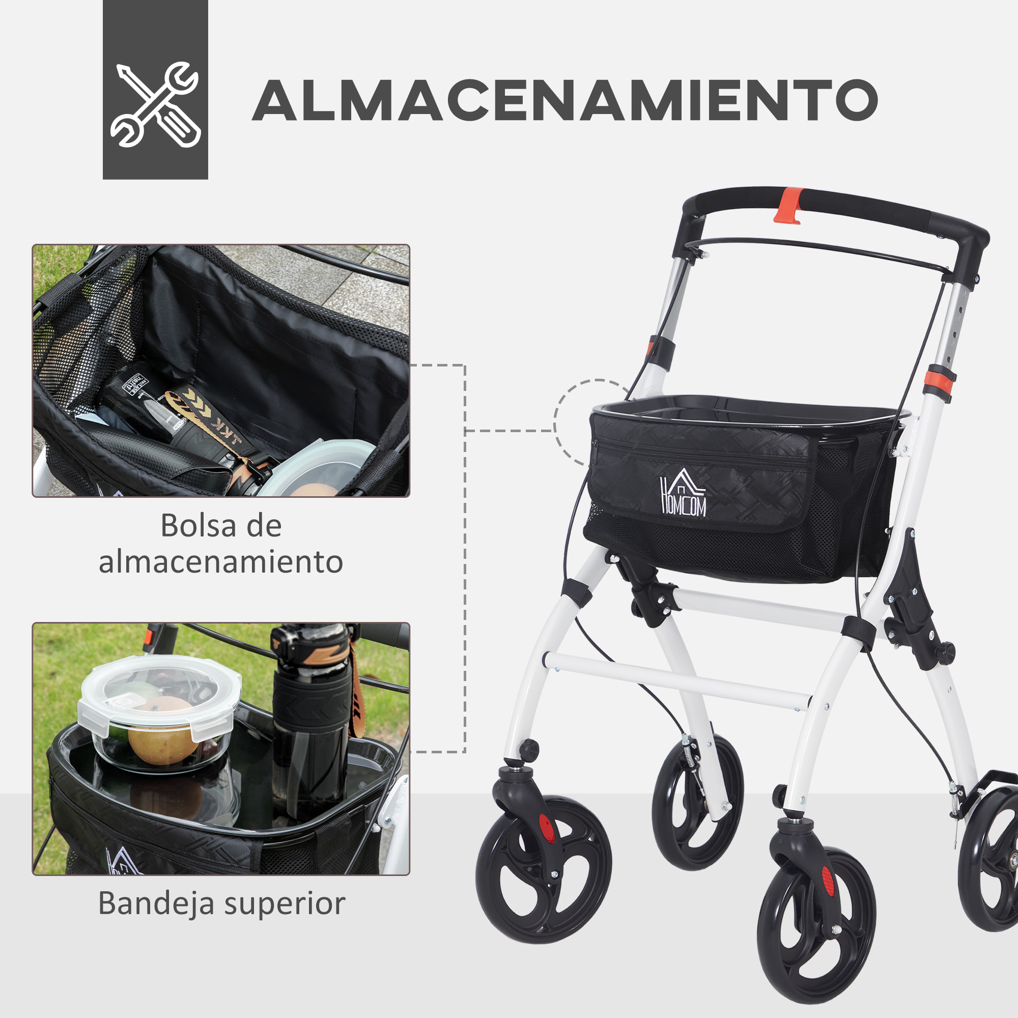 Andador para Ancianos Plegable de Aluminio Andador para Personas Mayores con 4 Ruedas y Bandeja Andador con Altura Ajustable Frenos de Maneta y Bolsa de Transporte Blanco