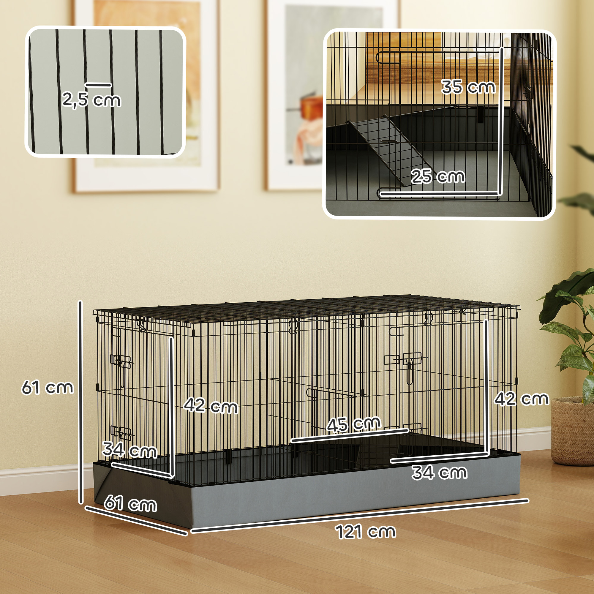 Cage pour cochon d'inde avec séparation 2 zones - plateforme observation, rampe, portes - acier noir PVC tissu gris