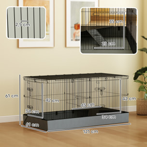 Cage pour cochon d'inde avec séparation 2 zones - plateforme observation, rampe, portes - acier noir PVC tissu gris
