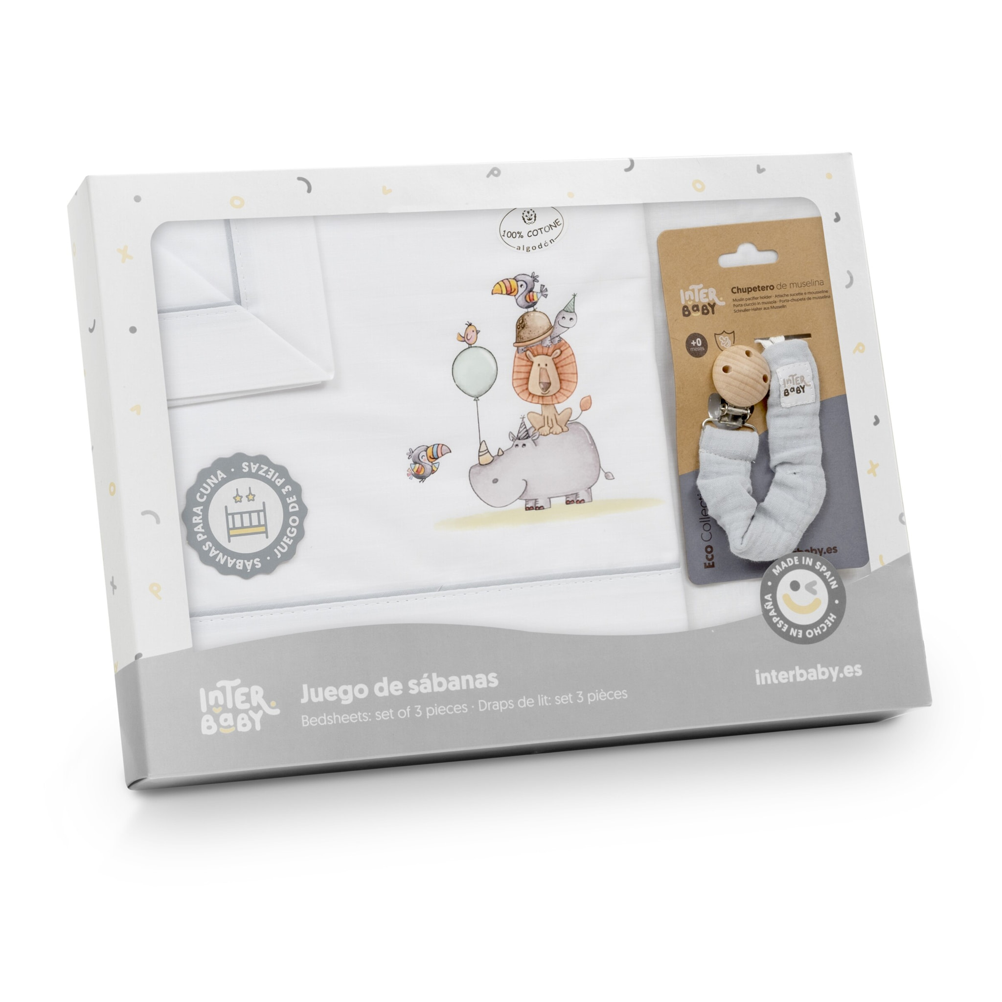 Juego de Sábanas para Cuna mod. Estampado  Rino-León con Broche Muselina