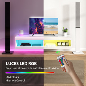 Mueble de TV Suspendido con Luces LED, Mueble de TV para Salón con Control Remoto, Compartimentos, Orificios Pasacables, para Televisión 55-60 Pulgadas, 140x40x30 cm, Blanco Brillo