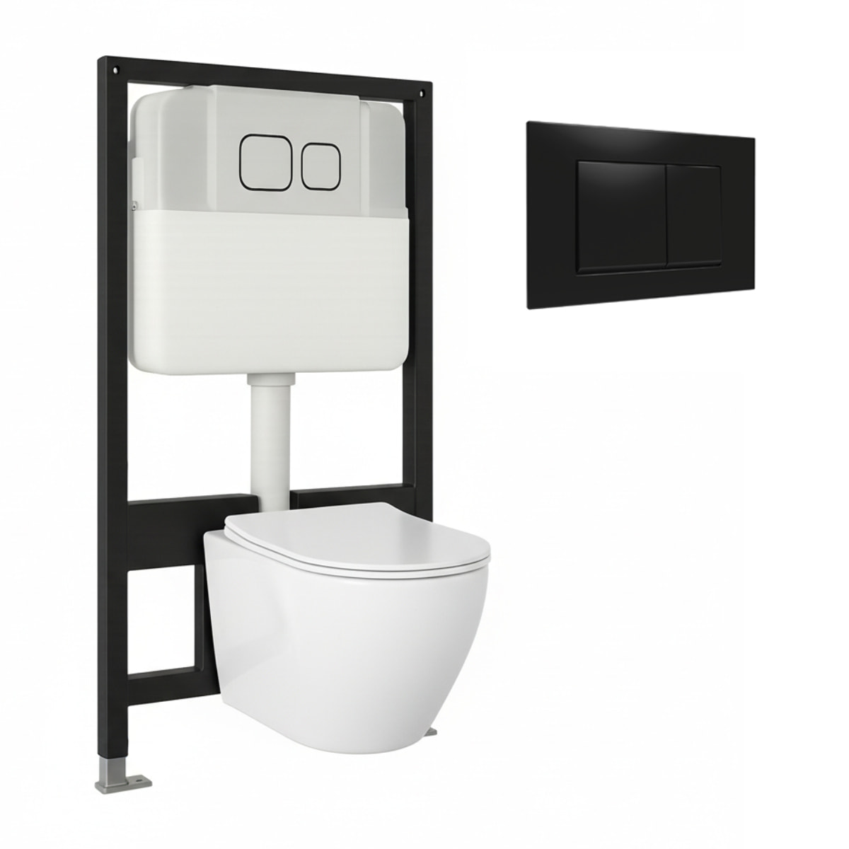 Pack Wc Suspendu + Châssis + Boîtier de Support Nature | Toilette Blanc Brillant | Bouton Noir | Réservoir Encastré | Couvercle Amorti | Alday