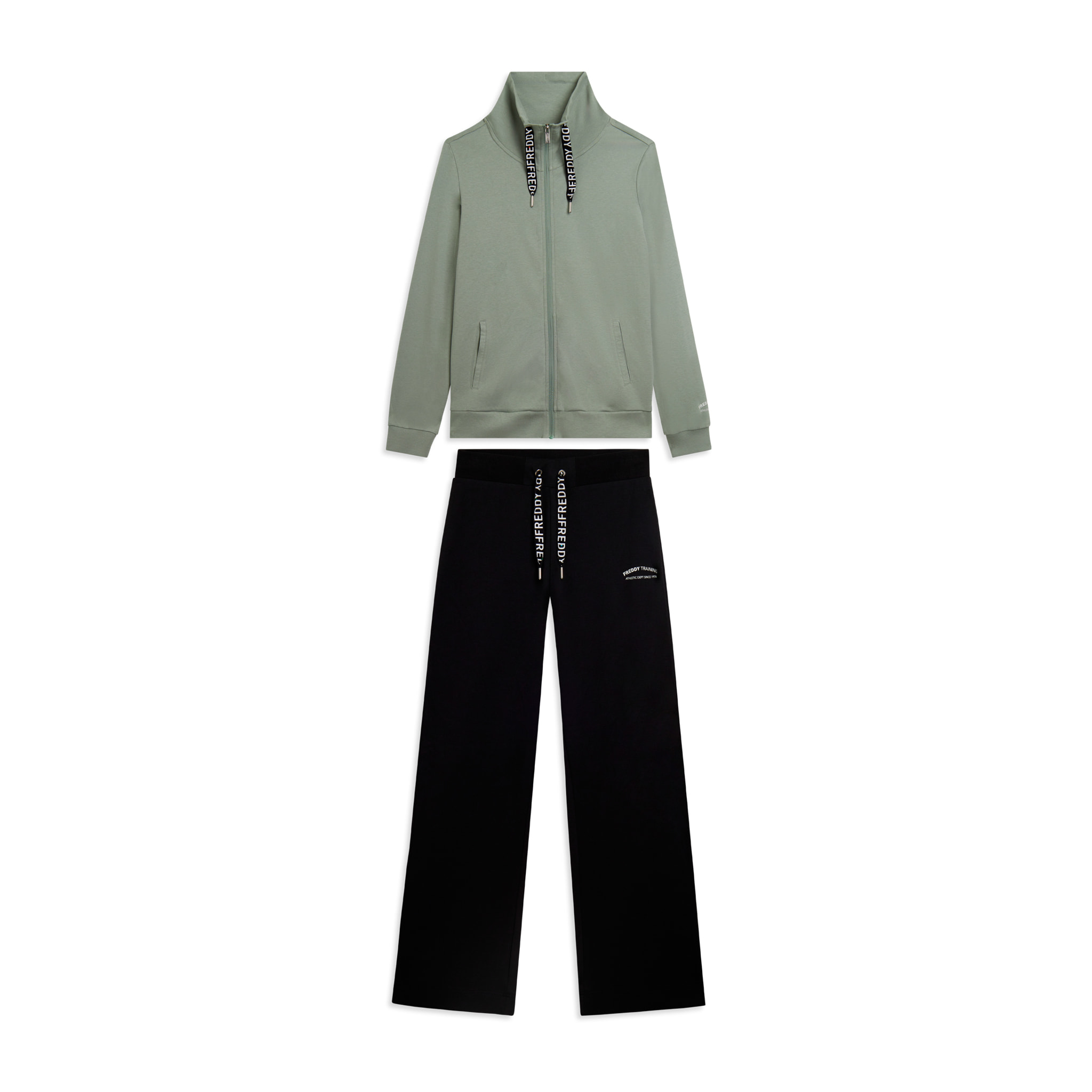 Tuta con zip e collo alto, pantaloni wide leg