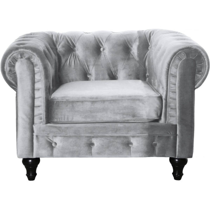 Fauteuil Chesterfield Velours "Aliza" - 111 x 82 x 70 cm - Gris