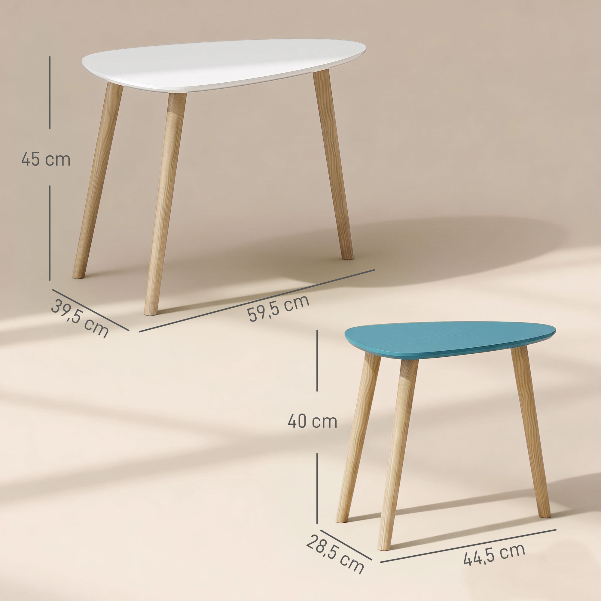 Lot de 2 tables basses gigognes design scandinave forme triangle de reuleaux bois MDF bleu blanc