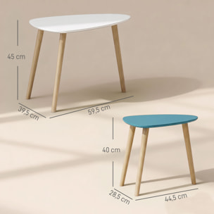 Lot de 2 tables basses gigognes design scandinave forme triangle de reuleaux bois MDF bleu blanc