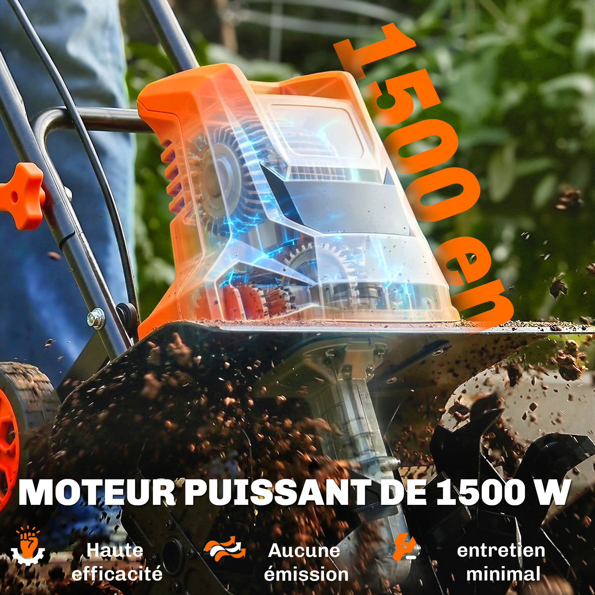 Motobineuse électrique 1500W 40cm 6 fraises acier orange