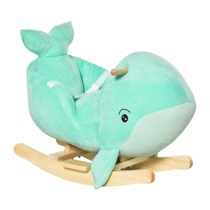 Jouet à bascule baleine - effet sonore chant baleine - fauteuil intégré, ceinture de sécurité - bois peuplier peluche courte polyester turquoise clair