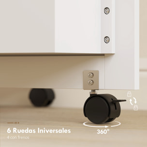 Mesa de Costura Plegable con 6 Ruedas, Mueble para Máquina de Coser con 20 Clavijas para Hilos, 4 Compartimentos, Estante, Armario de Costura para Estudio, Salón, Dormitorio, Blanco