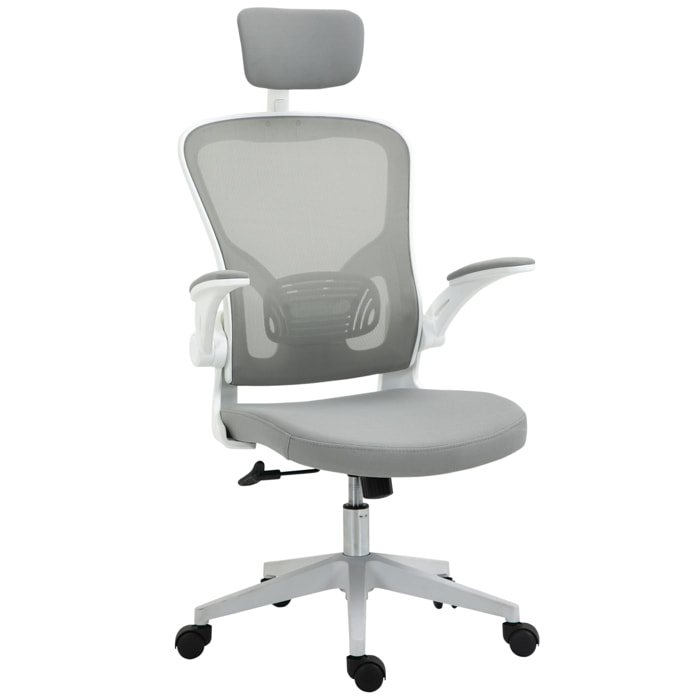 Vinsetto Silla de Oficina de Malla Ergonómica Silla Escritorio Giratoria con Altura Ajustable Reposabrazos Plegable Reposacabezas y Soporte Lumbar Regulables 65x64x114-122 cm Gris