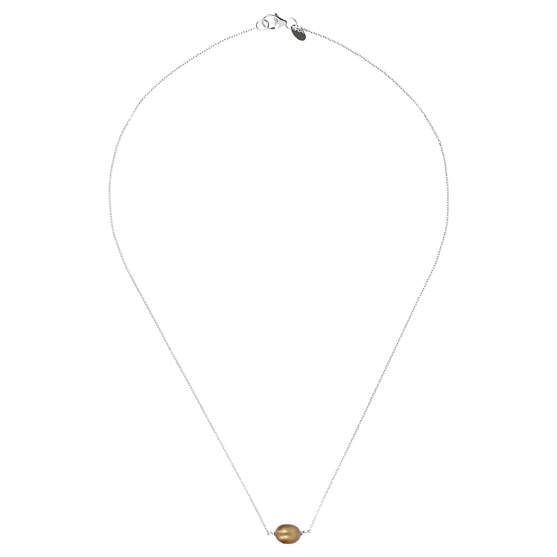 PERLAVIVA - Collana Catena Rolo in Argento 925 placcato Rodio con Pendente in Perla d'Acqua Dolce Marrone Ø 7/8 mm