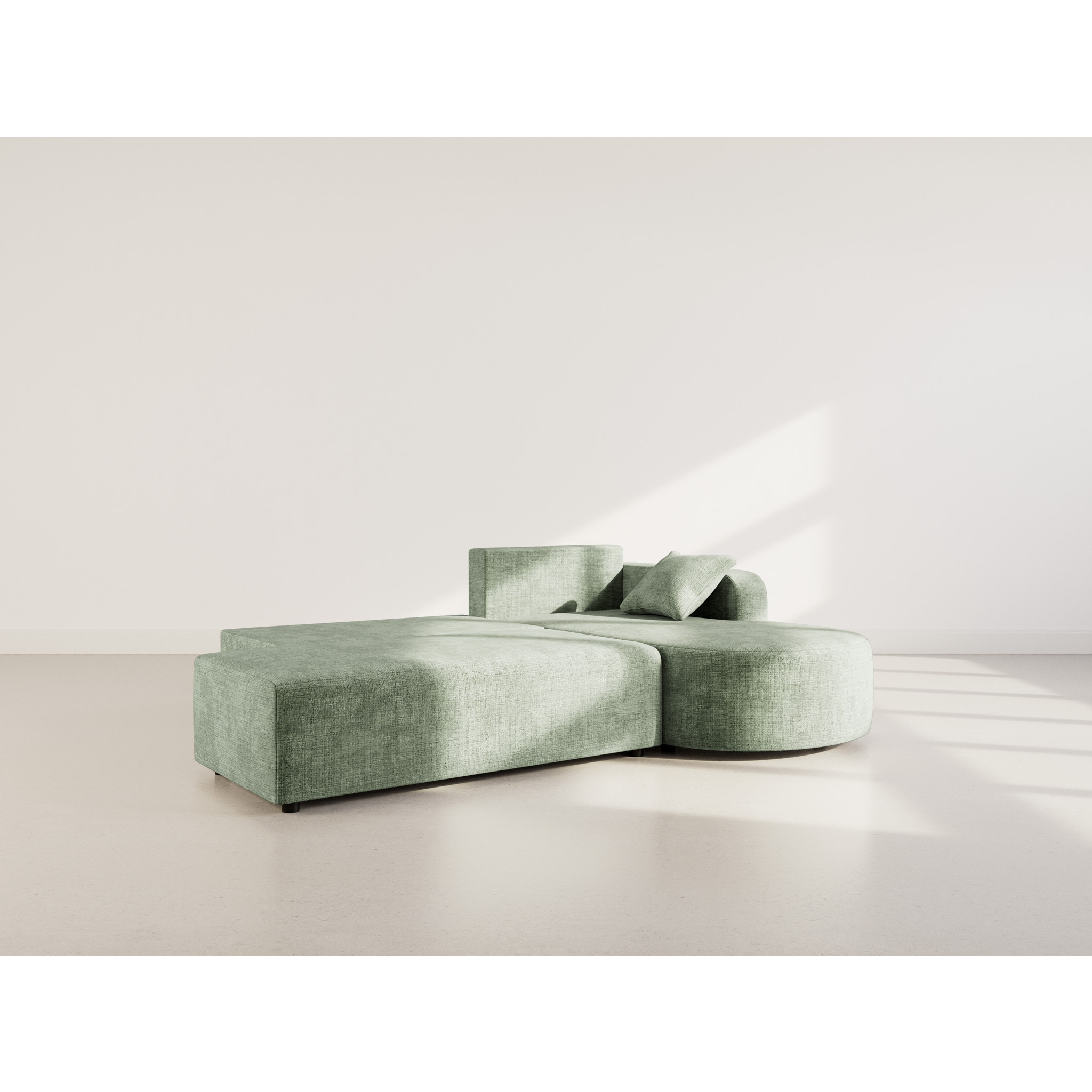 Miro - Canapé d'angle droit 4 places convertible avec coffre en velours texturé - Vert sauge