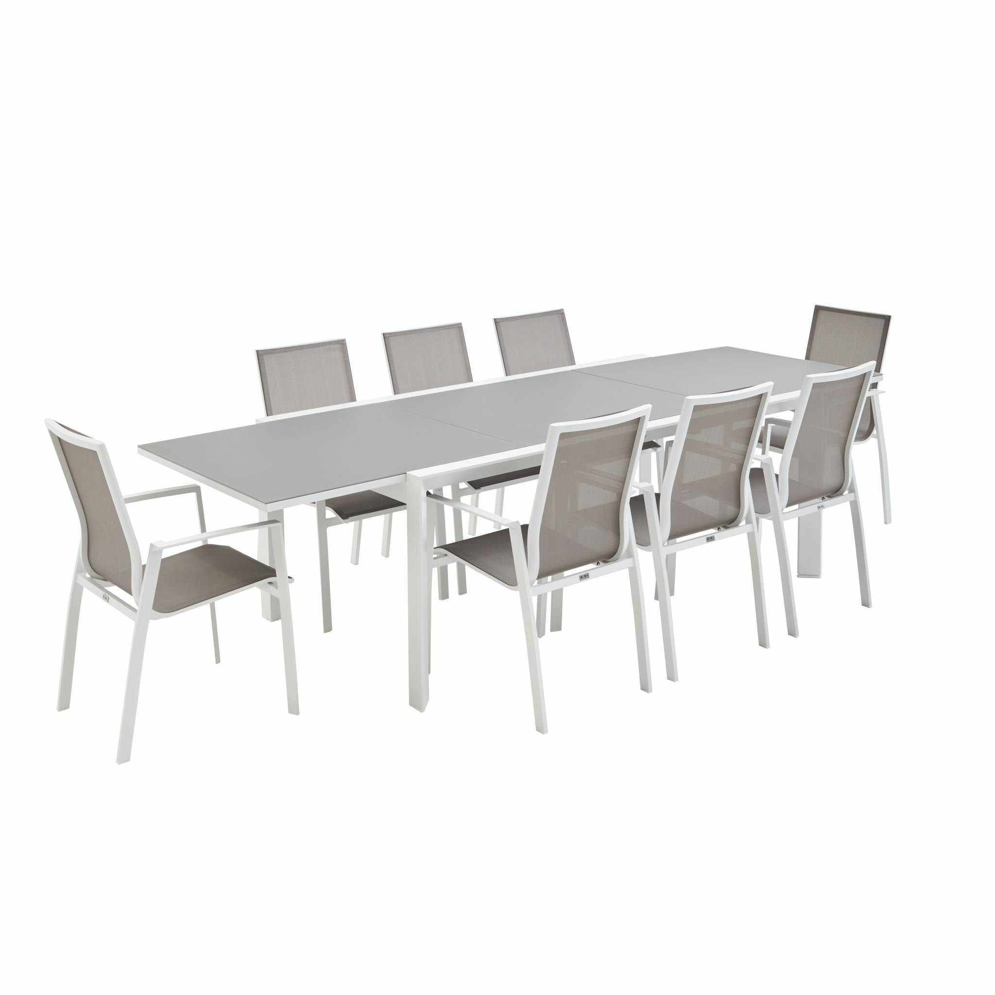Table de jardin extensible aluminium + 8 assises - Washington Taupe - Table en aluminium 200/300cm. plateau en verre dépoli. rallonge et 8 fauteuils en textilène