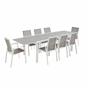 Table de jardin extensible aluminium + 8 assises - Washington Taupe - Table en aluminium 200/300cm. plateau en verre dépoli. rallonge et 8 fauteuils en textilène