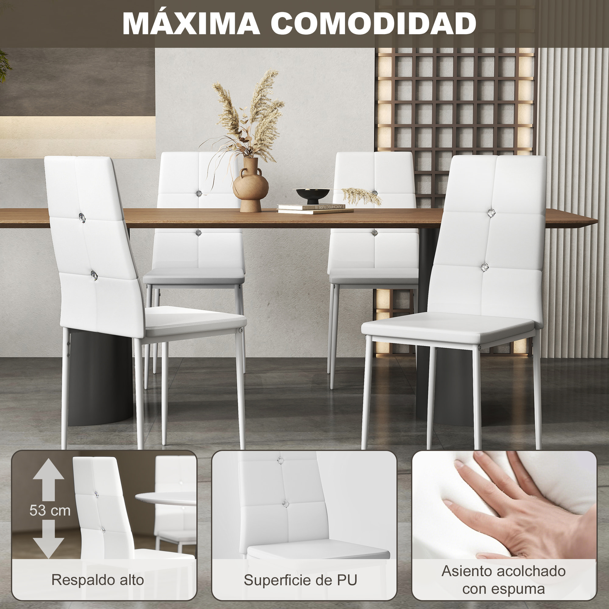 Juego de 6 Sillas de Comedor Tapizada en PU Sillas de Cocina con Respaldo Alto con Botones y Patas de Acero Diseño Moderno para Salón Dormitorio Blanco