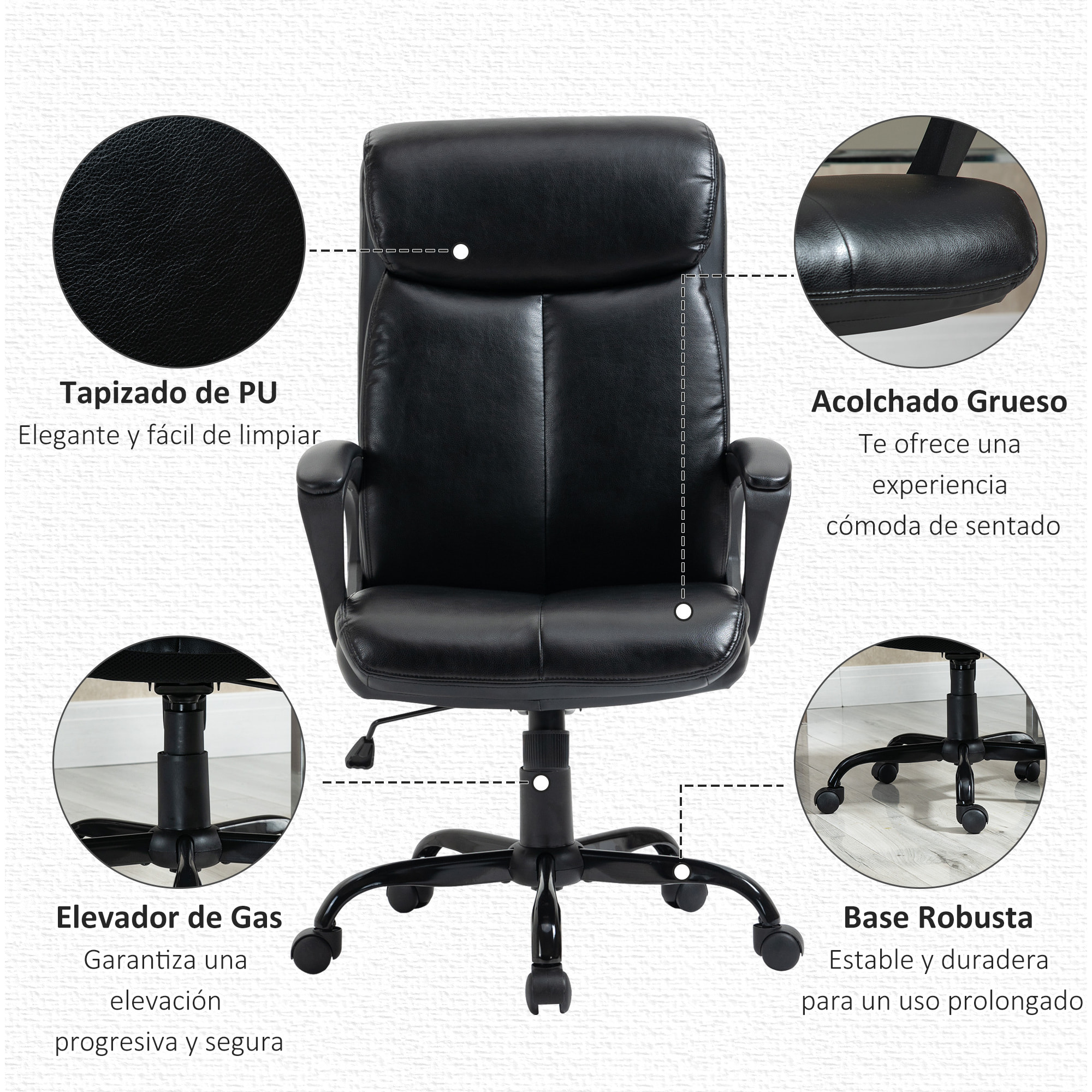 Silla de Oficina Giratoria Silla de Escritorio Ergonómica con Altura Ajustable Reposabrazos y Respaldo Acolchado de Piel Sintética 67x69x111-119 cm Negro