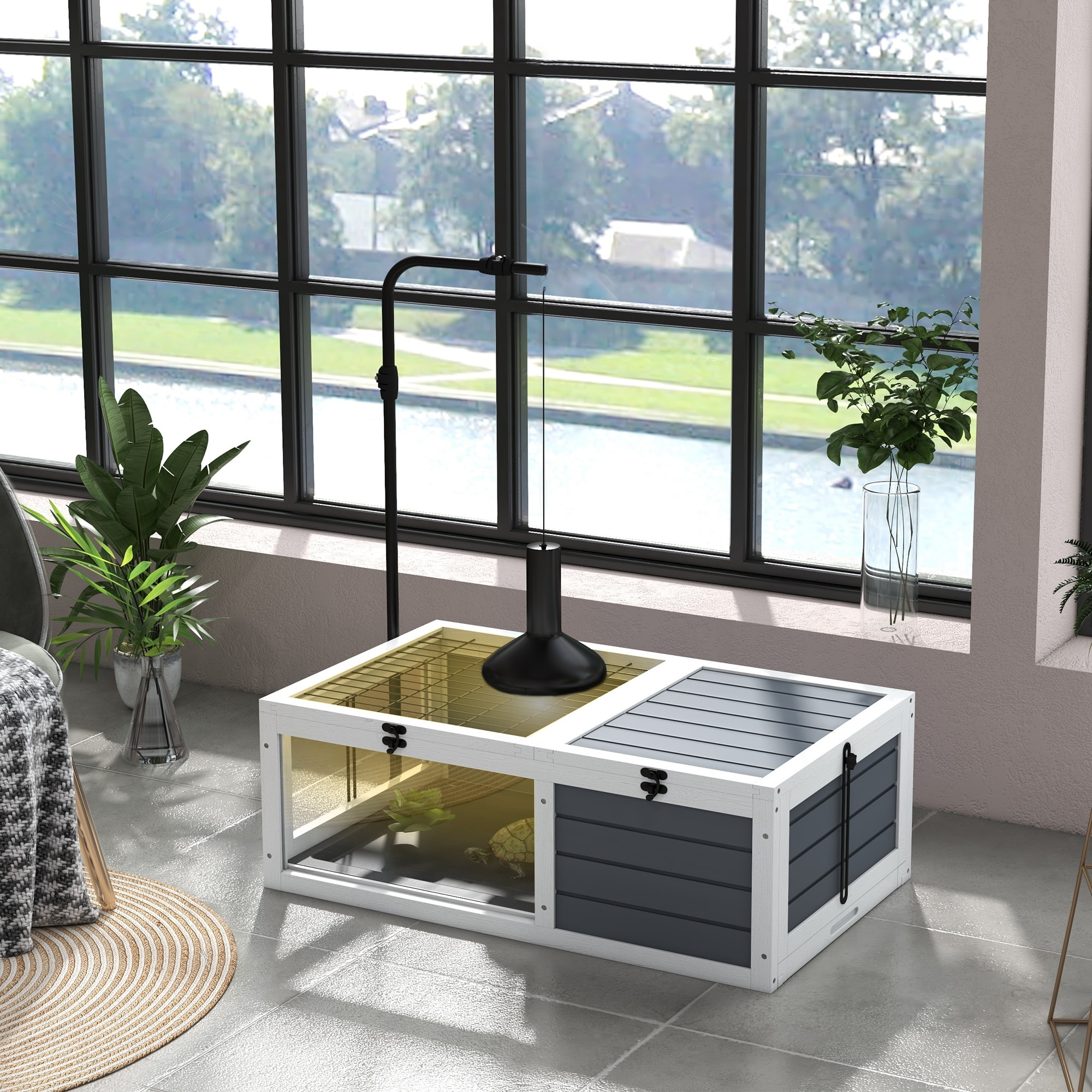 Maison enclos cage pour tortue petit animal avec 2 espaces support lampe réglable bois gris blanc