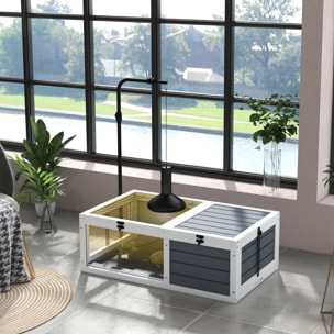 Maison enclos cage pour tortue petit animal avec 2 espaces support lampe réglable bois gris blanc