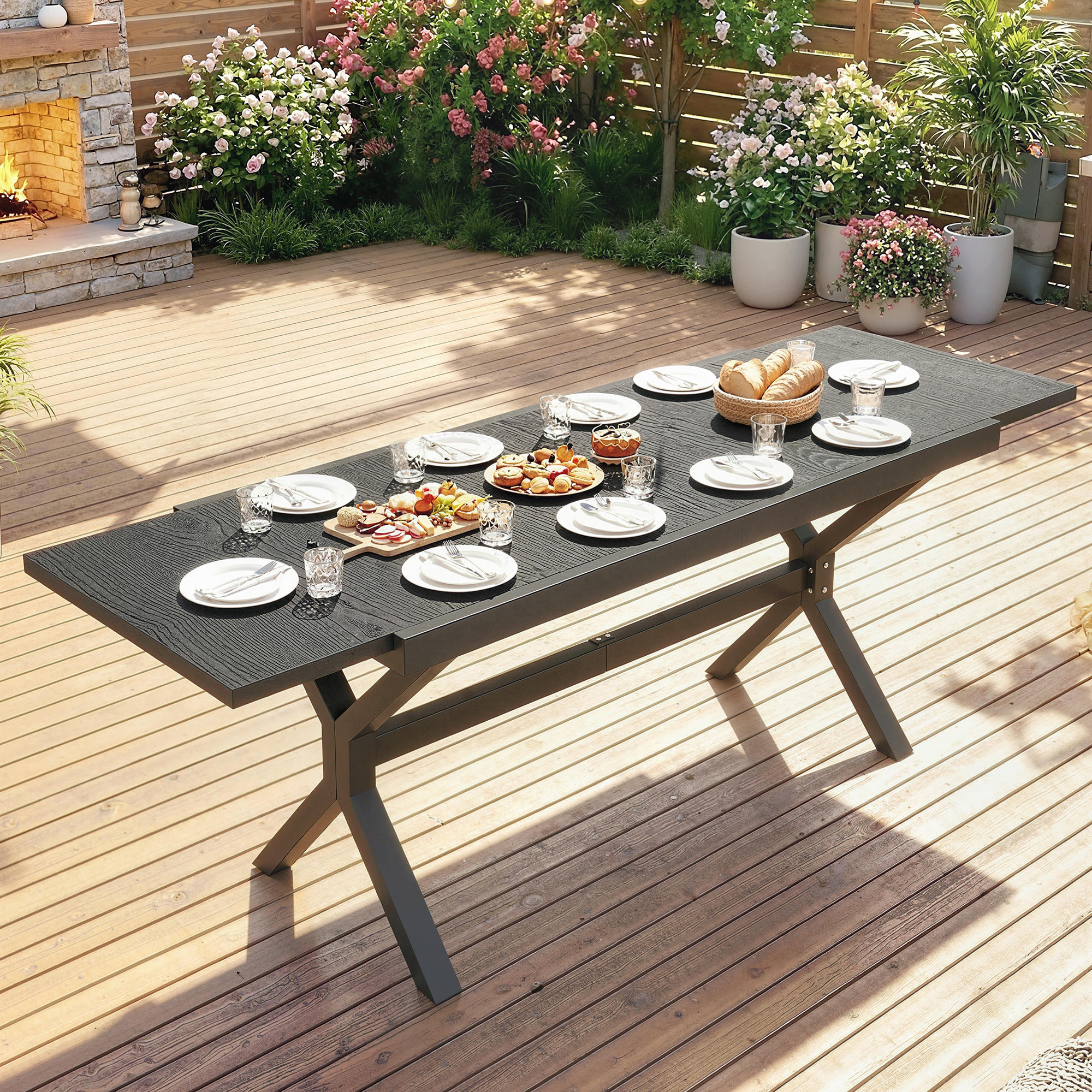 Mesa de Jardín Extensible con Superficie de Aluminio, 154/214x85 cm, Mesa de Comedor Exterior Extensible Rectangular con Imitación Madera para 8-10 Personas, para Patio, Terraza, Gris Oscuro