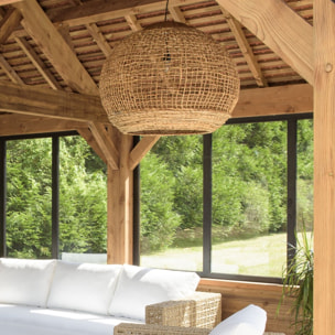 SIXTINE - Suspension 'boule' 83x83cm en abaca couleur naturelle et teck