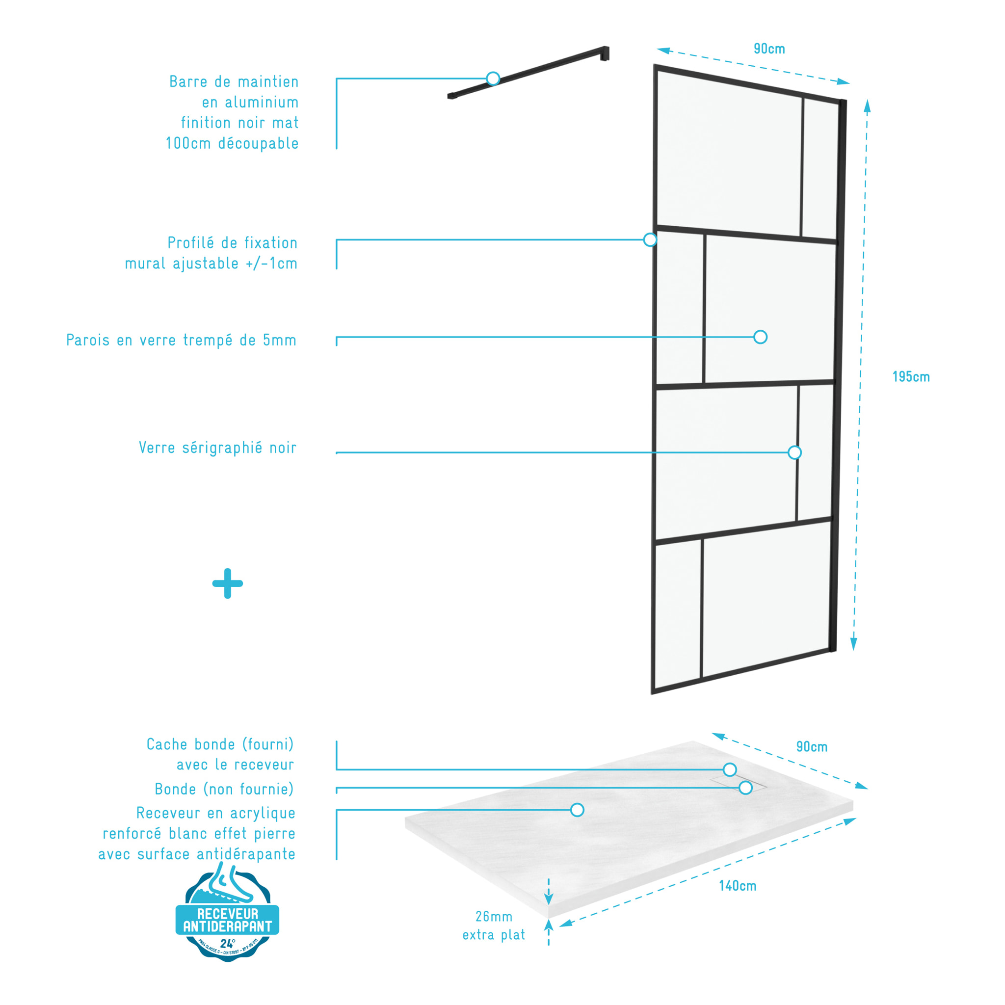 Pack Paroi de douche 90x195 cm + Receveur Blanc effet pierre 140x90 cm