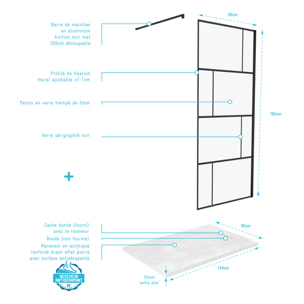 Pack Paroi de douche 90x195 cm + Receveur Blanc effet pierre 140x90 cm