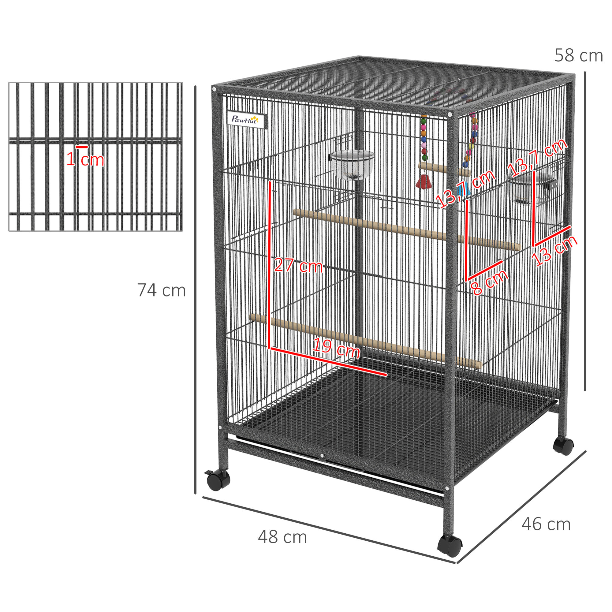 Cage à oiseaux sur roulettes - volière mobile - nombreux accessoires - dim. 48x46x74cm - acier époxy gris noir