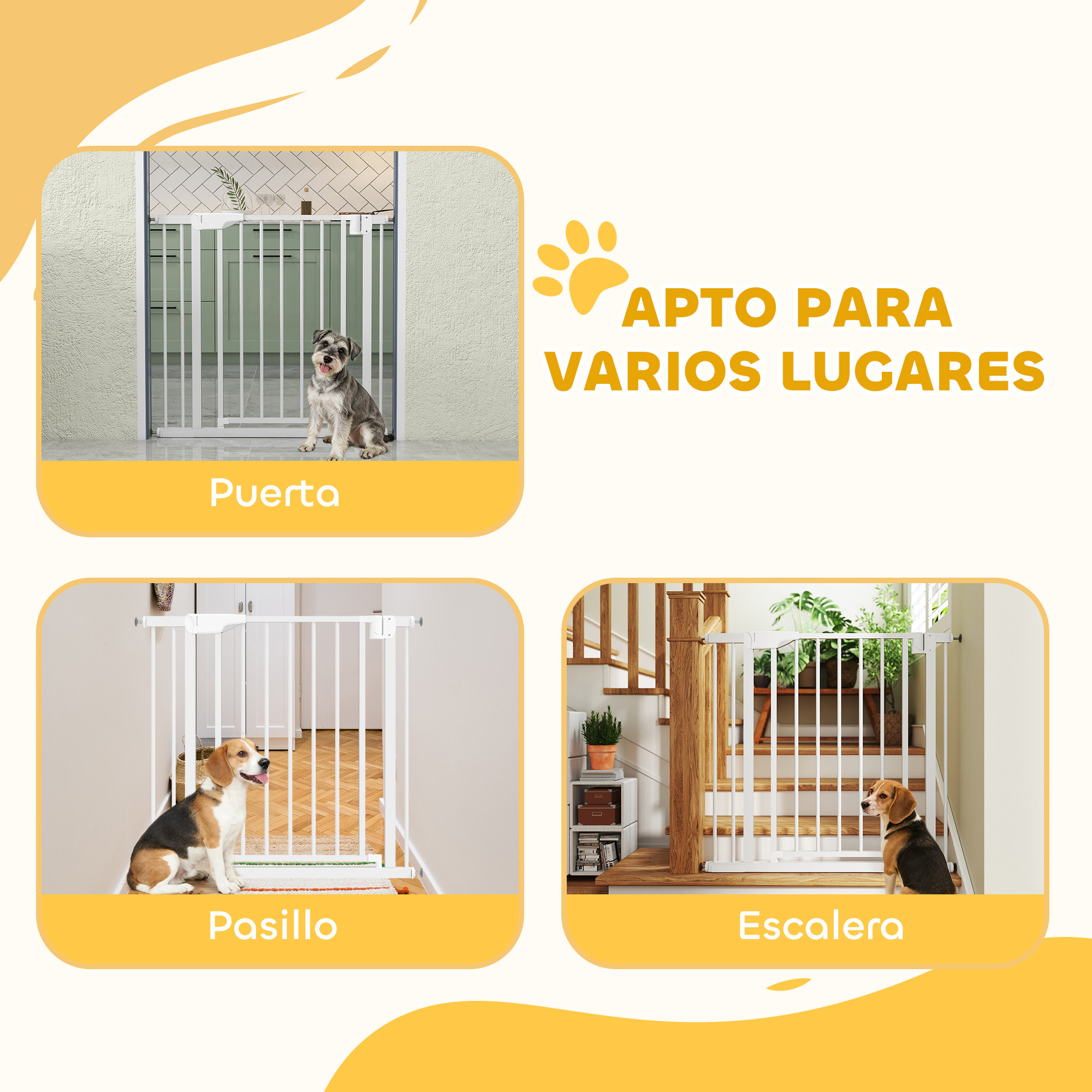 Barrera de Seguridad para Niños y Perros, Extensible 76-89 cm, Puerta para Perros, Bloqueo Doble, Cierre Automático, Apertura Dos Sentidos, Montaje a Presión, Extensión 7 cm, Blanco