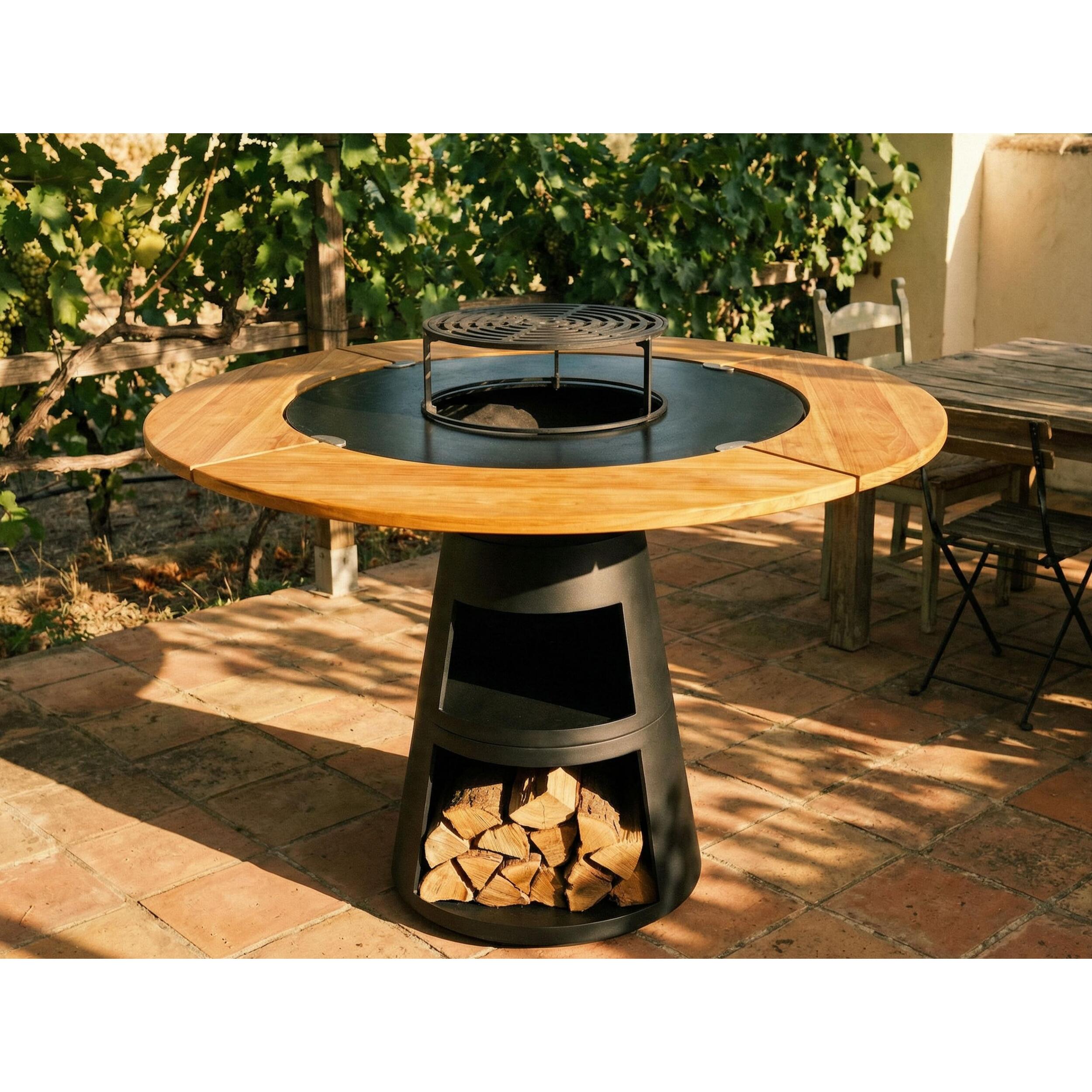 Barbecue rond avec plaque de cuisson et de gril en acier et planche en bois