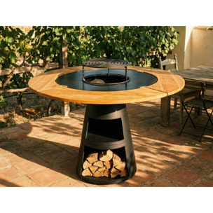 Barbecue rond avec plaque de cuisson et de gril en acier et planche en bois