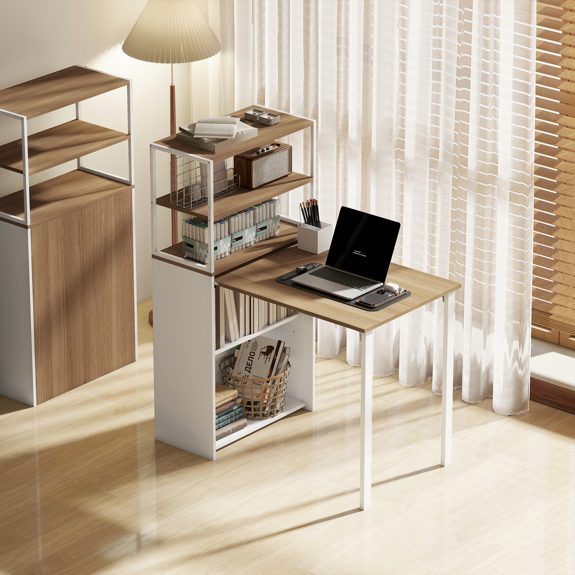 Escritorio Plegable con Estantería, Mesa de Escritorio con 4 Estantes, Mesa de Ordenador para Espacios Pequeños, Estudio, Oficina en Casa, 105x60x127 cm, Natural